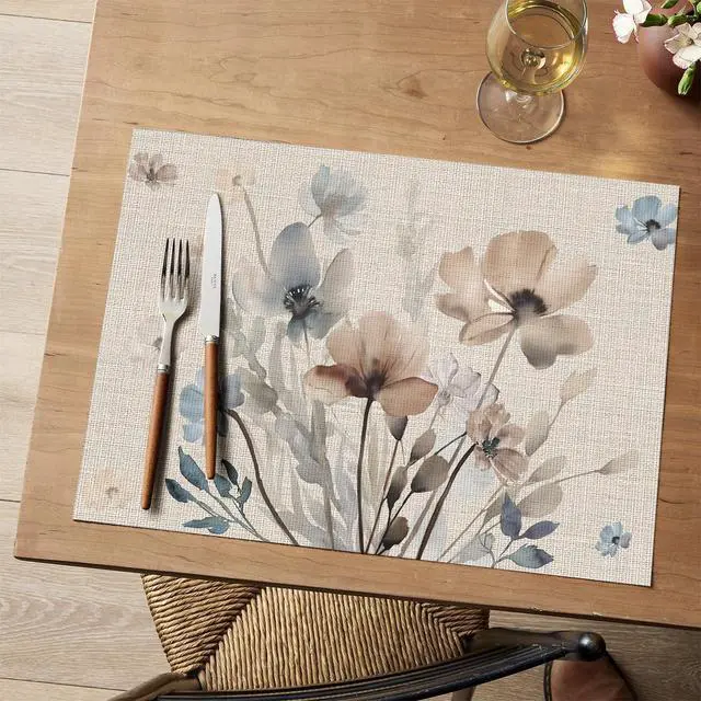 Alt view image 2 of 7 - Artoid Mode Brown Poppy Floral Vinyl Plastic Placemats Set of 4, Washable Non-Slip PVC Table Mats for Party Kitchen Dining Decor, 12x18 Inch