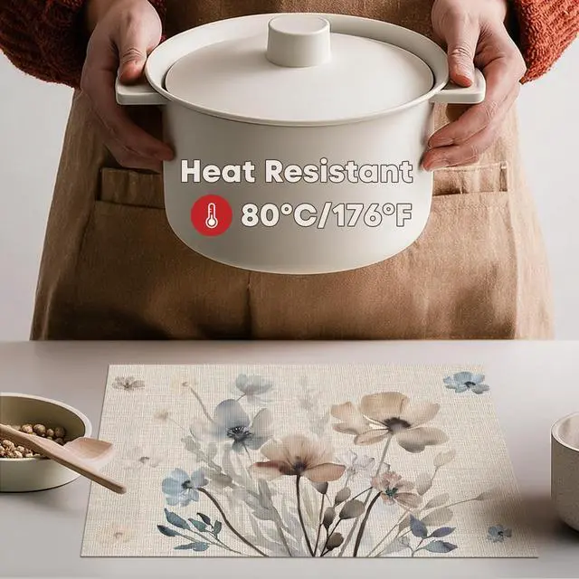 Alt view image 3 of 7 - Artoid Mode Brown Poppy Floral Vinyl Plastic Placemats Set of 4, Washable Non-Slip PVC Table Mats for Party Kitchen Dining Decor, 12x18 Inch