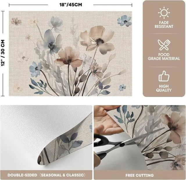 Alt view image 6 of 7 - Artoid Mode Brown Poppy Floral Vinyl Plastic Placemats Set of 4, Washable Non-Slip PVC Table Mats for Party Kitchen Dining Decor, 12x18 Inch