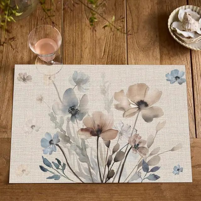 Alt view image 7 of 7 - Artoid Mode Brown Poppy Floral Vinyl Plastic Placemats Set of 4, Washable Non-Slip PVC Table Mats for Party Kitchen Dining Decor, 12x18 Inch