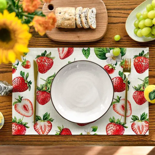 Alt view image 2 of 7 - Artoid Mode Strawberry Fruit Summer Placemats Set of 4, 12x18 Inch Seasonal Spring Holiday Table Mats for Party Kitchen Dining Decoration