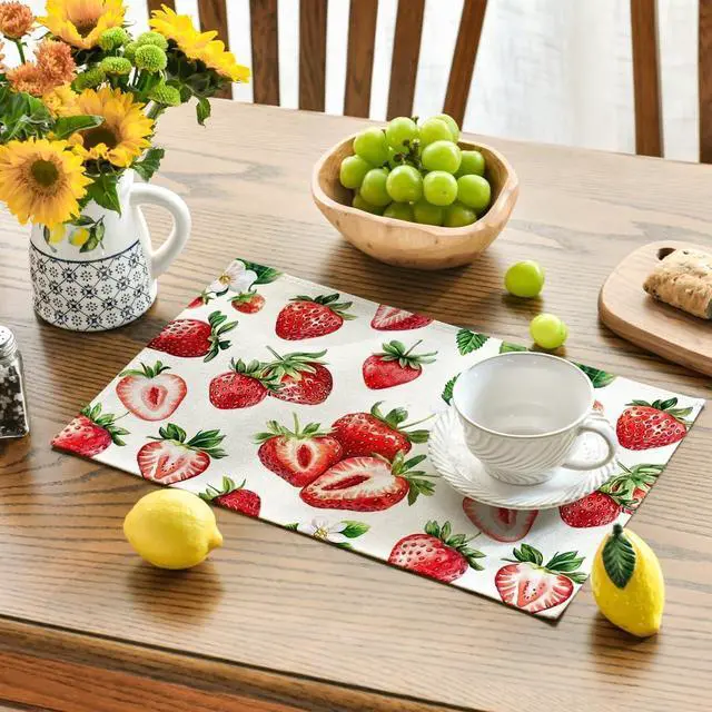 Alt view image 3 of 7 - Artoid Mode Strawberry Fruit Summer Placemats Set of 4, 12x18 Inch Seasonal Spring Holiday Table Mats for Party Kitchen Dining Decoration