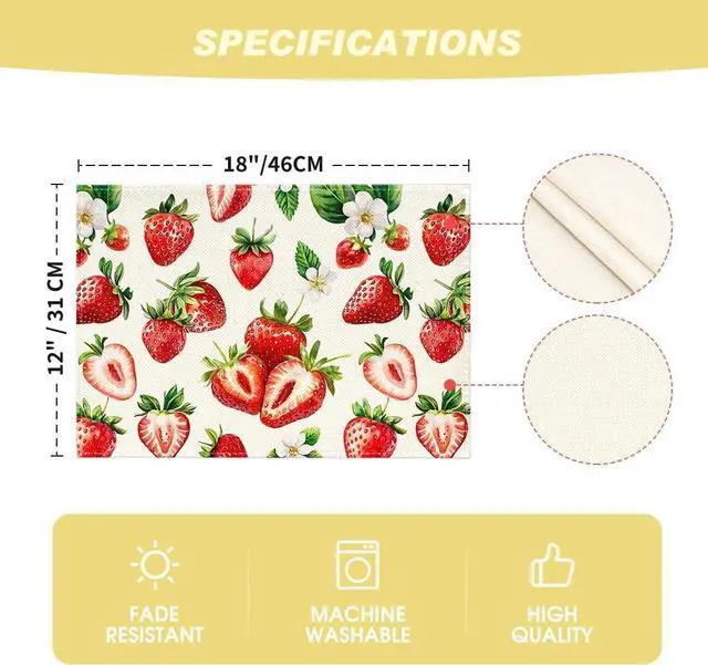 Alt view image 6 of 7 - Artoid Mode Strawberry Fruit Summer Placemats Set of 4, 12x18 Inch Seasonal Spring Holiday Table Mats for Party Kitchen Dining Decoration