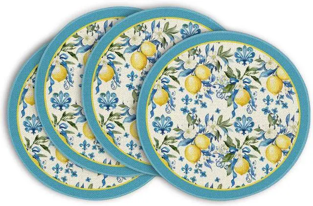 Main image of Artoid Mode Blue Lemon Iris Round Summer Placemats Set of 4, 14 Inch Spring Round Table Mats for Dining Decoration