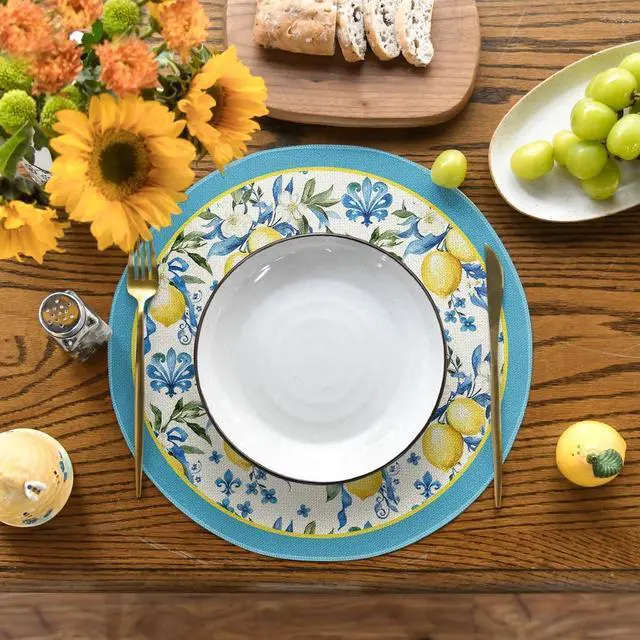 Alt view image 2 of 6 - Artoid Mode Blue Lemon Iris Round Summer Placemats Set of 4, 14 Inch Spring Round Table Mats for Dining Decoration