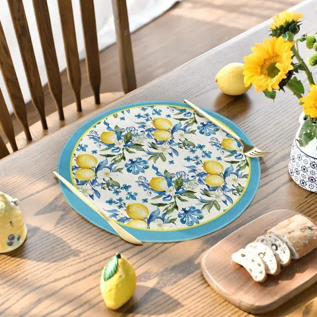 Alt view image 3 of 6 - Artoid Mode Blue Lemon Iris Round Summer Placemats Set of 4, 14 Inch Spring Round Table Mats for Dining Decoration