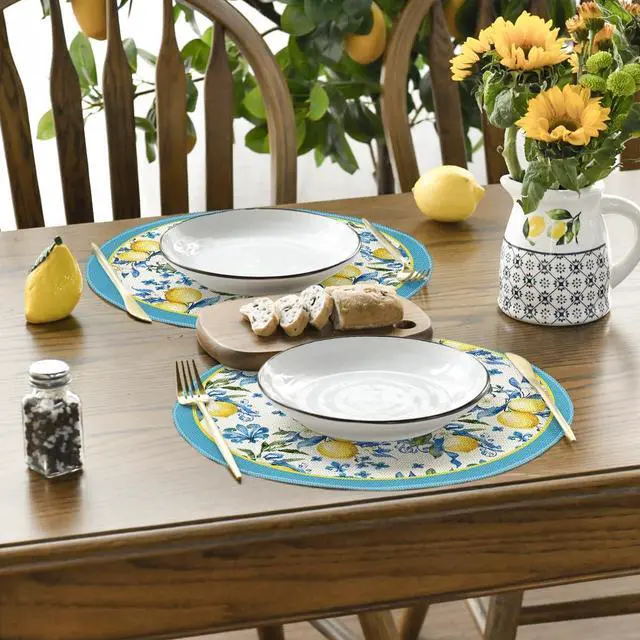 Alt view image 4 of 6 - Artoid Mode Blue Lemon Iris Round Summer Placemats Set of 4, 14 Inch Spring Round Table Mats for Dining Decoration