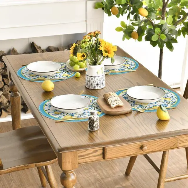 Alt view image 5 of 6 - Artoid Mode Blue Lemon Iris Round Summer Placemats Set of 4, 14 Inch Spring Round Table Mats for Dining Decoration