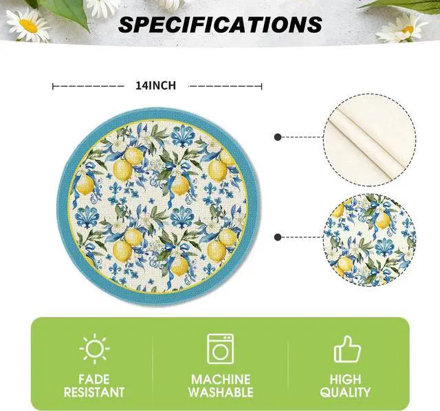 Alt view image 6 of 6 - Artoid Mode Blue Lemon Iris Round Summer Placemats Set of 4, 14 Inch Spring Round Table Mats for Dining Decoration