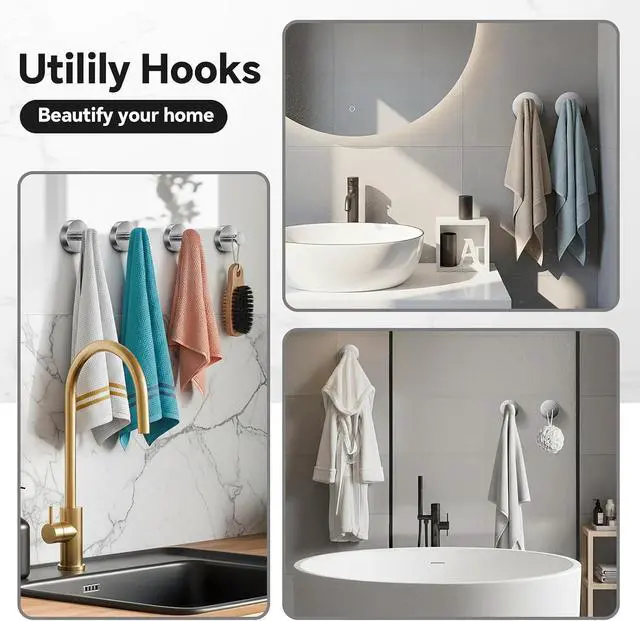 Alt view image 6 of 7 - Suction Cup Hooks for Shower, Heavy Duty No Drill Bathroom Hooks for Towels, Robes and Loofahs, Reusable Waterproof Hooks for Glass, Mirror and Tile, Brushed Nickel, 4 Pack