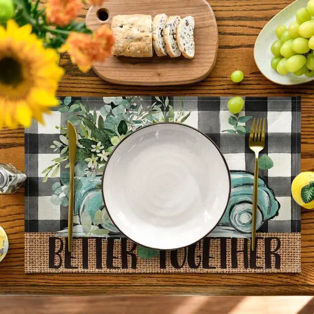 Alt view image 2 of 7 - Artoid Mode Black Buffalo Plaid Truck Eucalyptus Summer Placemats Set of 4, 12x18 Inch Spring Table Mats for Party Kitchen Dining Decoration