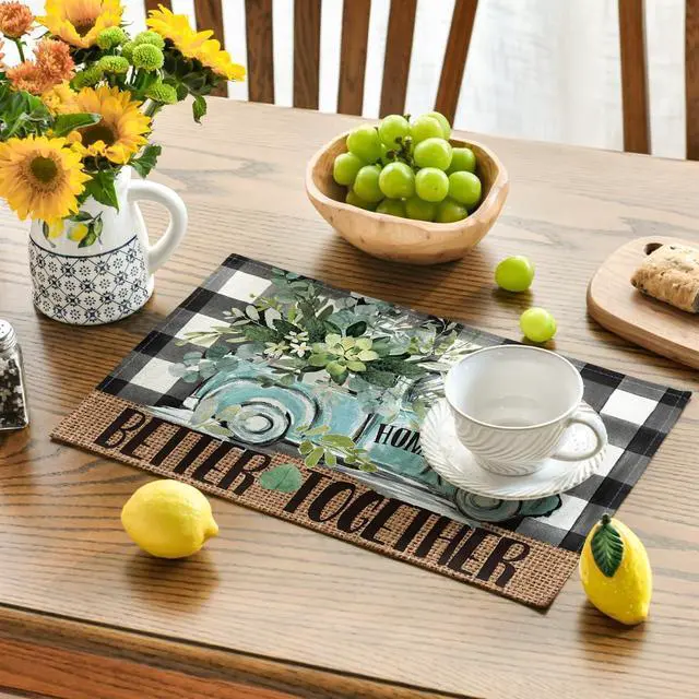 Alt view image 3 of 7 - Artoid Mode Black Buffalo Plaid Truck Eucalyptus Summer Placemats Set of 4, 12x18 Inch Spring Table Mats for Party Kitchen Dining Decoration