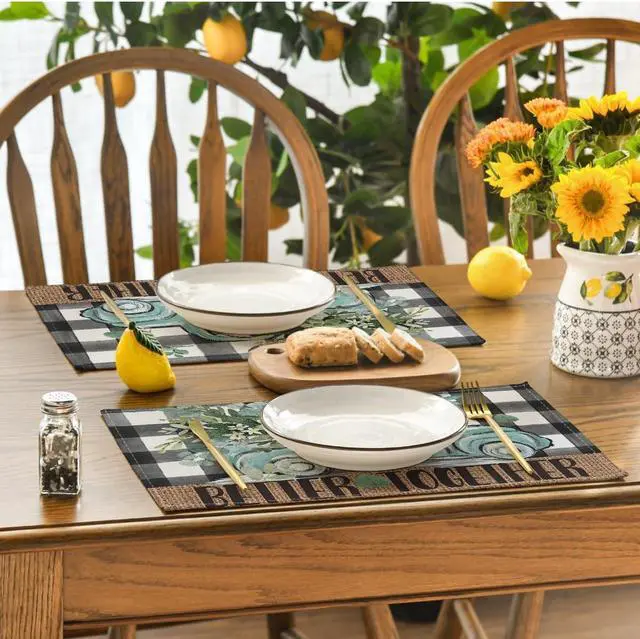 Alt view image 4 of 7 - Artoid Mode Black Buffalo Plaid Truck Eucalyptus Summer Placemats Set of 4, 12x18 Inch Spring Table Mats for Party Kitchen Dining Decoration