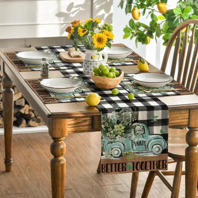 Alt view image 5 of 7 - Artoid Mode Black Buffalo Plaid Truck Eucalyptus Summer Placemats Set of 4, 12x18 Inch Spring Table Mats for Party Kitchen Dining Decoration