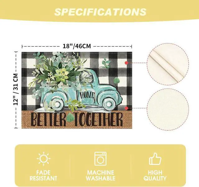 Alt view image 6 of 7 - Artoid Mode Black Buffalo Plaid Truck Eucalyptus Summer Placemats Set of 4, 12x18 Inch Spring Table Mats for Party Kitchen Dining Decoration