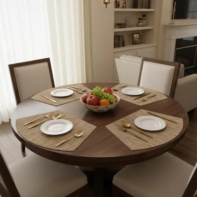 Alt view image 7 of 7 - SHACOS Wedge Shape Placemats Set of 4 Woven Vinyl Placemat for Round Table | Curved Place Mats Washable Wipeable Non Slip Heat Resistant Kitchen Dining Table Mats Indoor Outdoor (4, Tan)