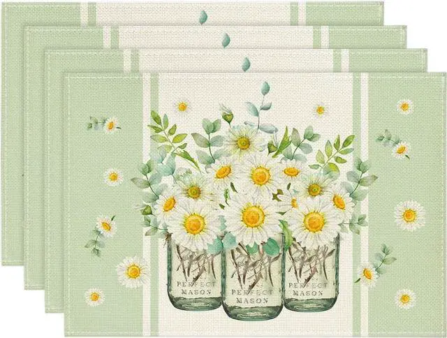 Main image of Artoid Mode Eucalyptus Leaves Daisy Vase Placemats for Dining Table, 12 x 18 Inch Spring Easter Summer Seasonal Holiday Decoration Rustic Vintage Washable Table Mats Set of 4 Green