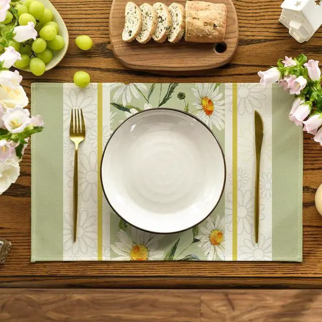 Alt view image 2 of 6 - Artoid Mode Eucalyptus Leaves Daisy Vase Placemats for Dining Table, 12 x 18 Inch Spring Easter Summer Seasonal Holiday Decoration Rustic Vintage Washable Table Mats Set of 4 Green
