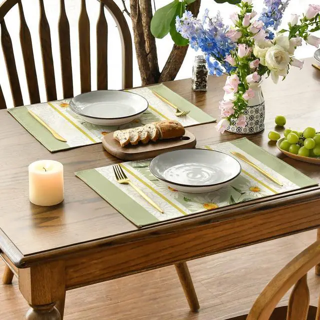 Alt view image 3 of 6 - Artoid Mode Eucalyptus Leaves Daisy Vase Placemats for Dining Table, 12 x 18 Inch Spring Easter Summer Seasonal Holiday Decoration Rustic Vintage Washable Table Mats Set of 4 Green