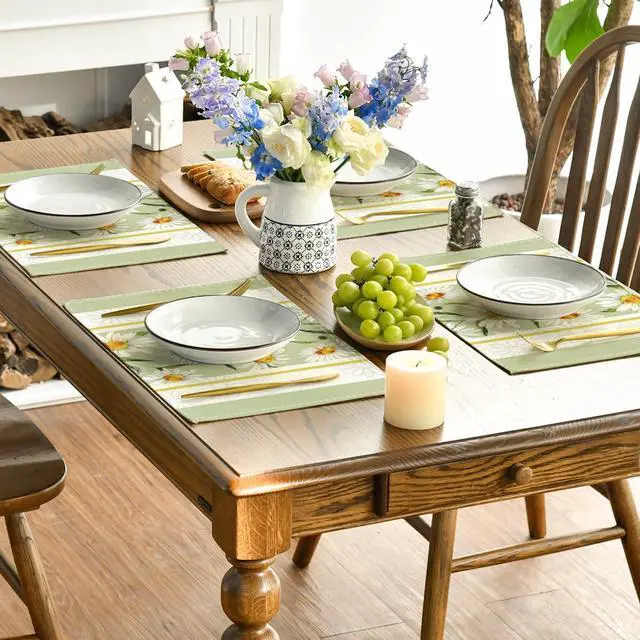 Alt view image 4 of 6 - Artoid Mode Eucalyptus Leaves Daisy Vase Placemats for Dining Table, 12 x 18 Inch Spring Easter Summer Seasonal Holiday Decoration Rustic Vintage Washable Table Mats Set of 4 Green