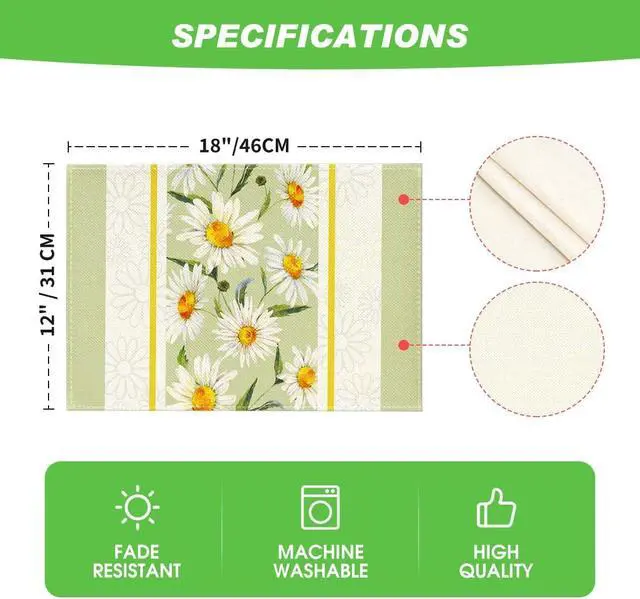 Alt view image 6 of 6 - Artoid Mode Eucalyptus Leaves Daisy Vase Placemats for Dining Table, 12 x 18 Inch Spring Easter Summer Seasonal Holiday Decoration Rustic Vintage Washable Table Mats Set of 4 Green