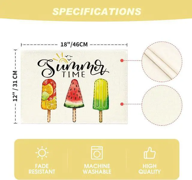Alt view image 7 of 7 - Artoid Mode Popsicles Summer Placemats Set of 4, 12x18 Inch Seasonal Spring Holiday Table Mats for Party Kitchen Dining Decoration
