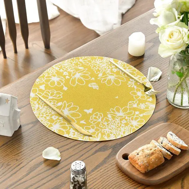 Alt view image 3 of 6 - Artoid Mode Yellow Bloom Flowers Spring Round Placemats Set of 4, 14 Inch Summer Holiday Round Table Mats for Dining Decoration