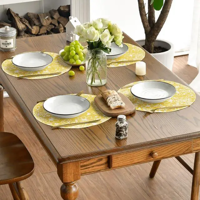 Alt view image 5 of 6 - Artoid Mode Yellow Bloom Flowers Spring Round Placemats Set of 4, 14 Inch Summer Holiday Round Table Mats for Dining Decoration
