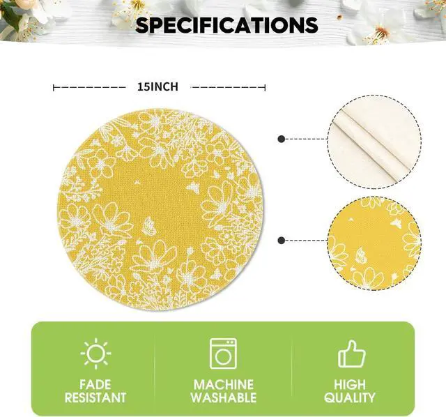 Alt view image 6 of 6 - Artoid Mode Yellow Bloom Flowers Spring Round Placemats Set of 4, 14 Inch Summer Holiday Round Table Mats for Dining Decoration