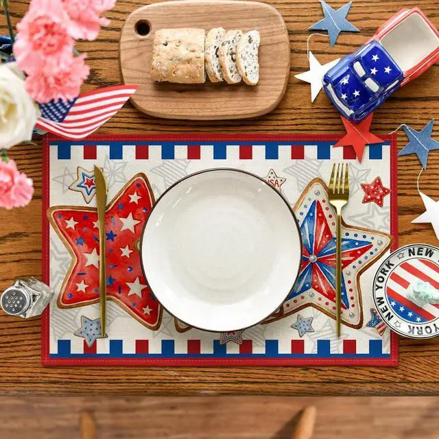 Alt view image 2 of 7 - Artoid Mode American Flag Stars 4th of July Placemats Set of 4, 12x18 Inch Memorial Day Patriotic Table Mats for Party Kitchen Dining Decoration