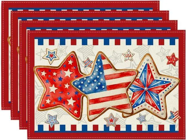 Main image of Artoid Mode American Flag Stars 4th of July Placemats Set of 4, 12x18 Inch Memorial Day Patriotic Table Mats for Party Kitchen Dining Decoration