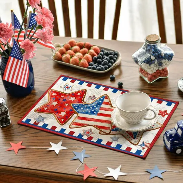 Alt view image 3 of 7 - Artoid Mode American Flag Stars 4th of July Placemats Set of 4, 12x18 Inch Memorial Day Patriotic Table Mats for Party Kitchen Dining Decoration