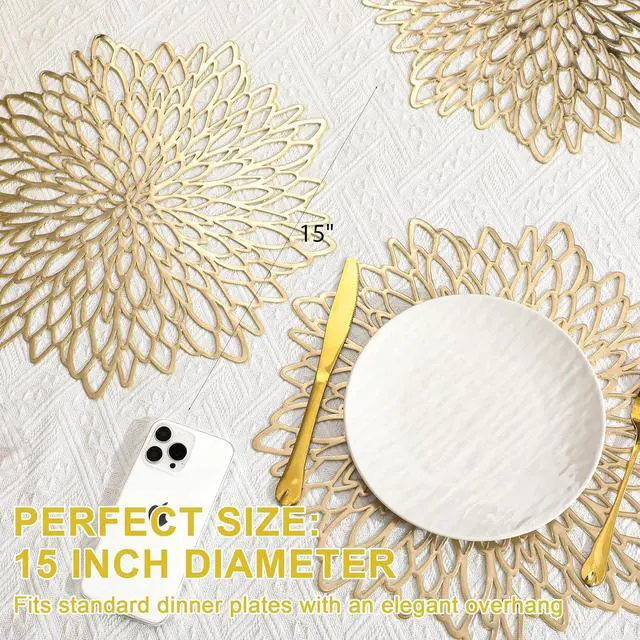 Alt view image 5 of 7 - Set of 4 Round Placemats Gold, Heat-Resistant PVC Table Mats with Luxury Metallic Glossy Finish for Thanksgiving Christmas Wedding Party Decor, Easy to Clean