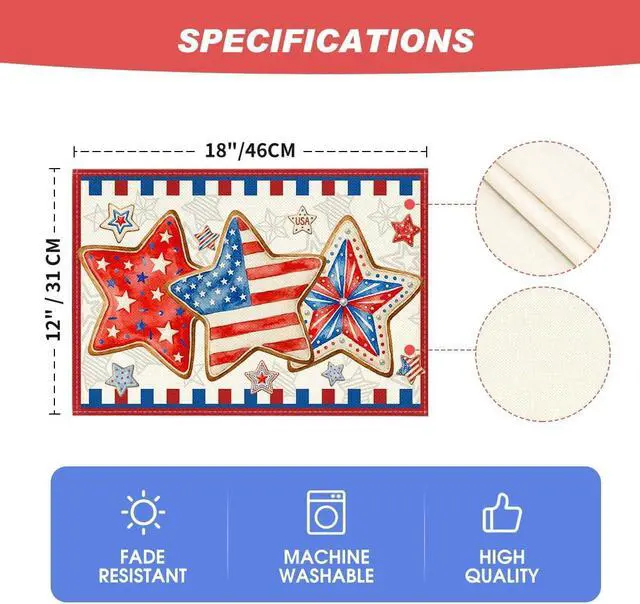 Alt view image 6 of 7 - Artoid Mode American Flag Stars 4th of July Placemats Set of 4, 12x18 Inch Memorial Day Patriotic Table Mats for Party Kitchen Dining Decoration