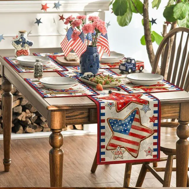 Alt view image 5 of 7 - Artoid Mode American Flag Stars 4th of July Placemats Set of 4, 12x18 Inch Memorial Day Patriotic Table Mats for Party Kitchen Dining Decoration
