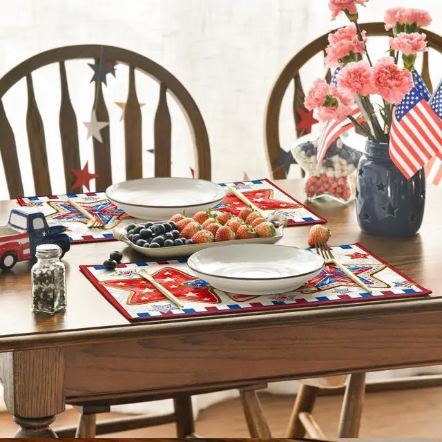 Alt view image 4 of 7 - Artoid Mode American Flag Stars 4th of July Placemats Set of 4, 12x18 Inch Memorial Day Patriotic Table Mats for Party Kitchen Dining Decoration