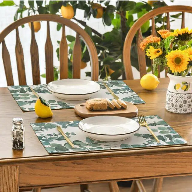 Alt view image 4 of 7 - Artoid Mode Eucalyptus Leaves Summer Placemats for Dining Table, 12 x 18 Inch Spring Seasonal Holiday Rustic Vintage Washable Table Mats Set of 4 Green