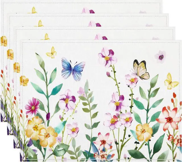 Main image of DECYOOL Spring Placemats Set of 4 Butterfly Floral Flower Table Decorations | Kitchen Dining Decoration for Decoration,Indoor Outdoor Spring Party Easter Dining, 12.5x17 Inch Spring Placemats
