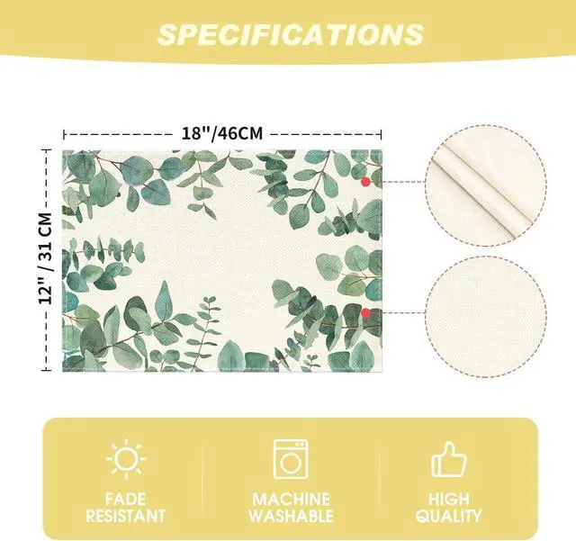 Alt view image 6 of 7 - Artoid Mode Eucalyptus Leaves Summer Placemats for Dining Table, 12 x 18 Inch Spring Seasonal Holiday Rustic Vintage Washable Table Mats Set of 4 Green