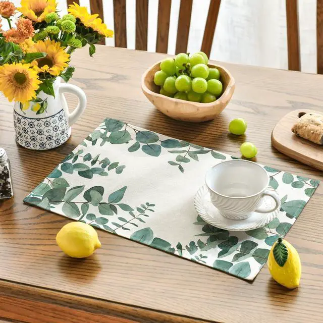 Alt view image 3 of 7 - Artoid Mode Eucalyptus Leaves Summer Placemats for Dining Table, 12 x 18 Inch Spring Seasonal Holiday Rustic Vintage Washable Table Mats Set of 4 Green
