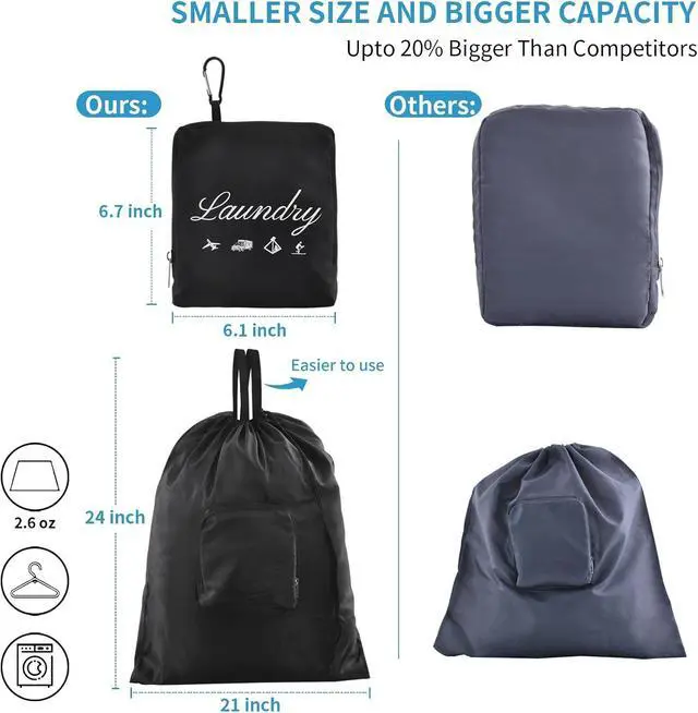Alt view image 2 of 7 - 2 Pcs JHX Travel Laundry Bags, Dirty Clothes OrganizerUpgradedwith Handles and Aluminum Carabiner for Travel, Camp, Fitness, and Students (Black&Grey) 24"L x 21"W