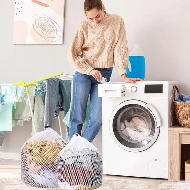 Alt view image 4 of 7 - 2pcs Mesh Laundry Bags for Socks, Machine Washable Drawstring Design Travel Mesh Laundry Wash Bags White Drawstring Garment Bags for Laundry Storage for Home Dorm Hotel Travel Use,12x16inch, 16x20inch
