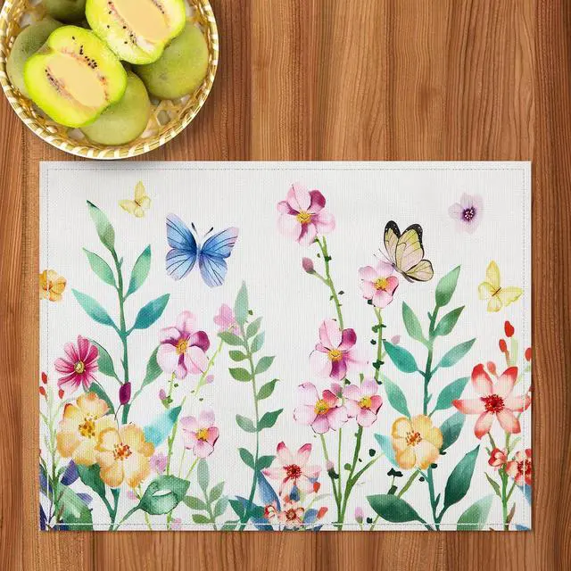 Alt view image 2 of 7 - DECYOOL Spring Placemats Set of 4 Butterfly Floral Flower Table Decorations | Kitchen Dining Decoration for Decoration,Indoor Outdoor Spring Party Easter Dining, 12.5x17 Inch Spring Placemats