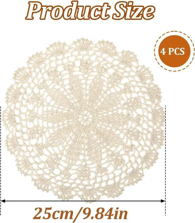 Alt view image 2 of 7 - Crochet Doilies, 4 Pcs 10 Inch Beige Doilies for Tables Vintage Doilies for Furniture, Round Handmade Lace Placemats Knitted Tablecloth Corrugated Edge for Kitchen Dining Room Wedding Party Decor