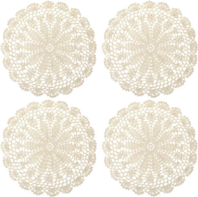 Main image of Crochet Doilies, 4 Pcs 10 Inch Beige Doilies for Tables Vintage Doilies for Furniture, Round Handmade Lace Placemats Knitted Tablecloth Corrugated Edge for Kitchen Dining Room Wedding Party Decor