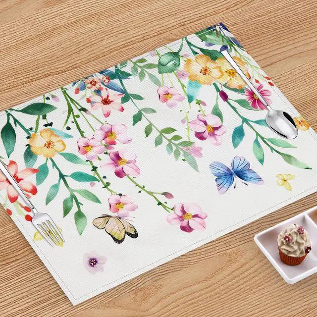 Alt view image 3 of 7 - DECYOOL Spring Placemats Set of 4 Butterfly Floral Flower Table Decorations | Kitchen Dining Decoration for Decoration,Indoor Outdoor Spring Party Easter Dining, 12.5x17 Inch Spring Placemats