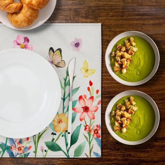 Alt view image 5 of 7 - DECYOOL Spring Placemats Set of 4 Butterfly Floral Flower Table Decorations | Kitchen Dining Decoration for Decoration,Indoor Outdoor Spring Party Easter Dining, 12.5x17 Inch Spring Placemats