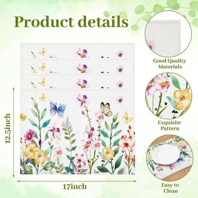Alt view image 7 of 7 - DECYOOL Spring Placemats Set of 4 Butterfly Floral Flower Table Decorations | Kitchen Dining Decoration for Decoration,Indoor Outdoor Spring Party Easter Dining, 12.5x17 Inch Spring Placemats