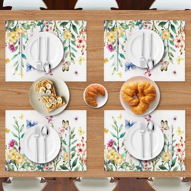Alt view image 4 of 7 - DECYOOL Spring Placemats Set of 4 Butterfly Floral Flower Table Decorations | Kitchen Dining Decoration for Decoration,Indoor Outdoor Spring Party Easter Dining, 12.5x17 Inch Spring Placemats