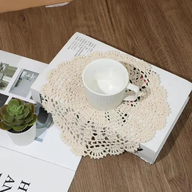 Alt view image 3 of 7 - Crochet Doilies, 4 Pcs 10 Inch Beige Doilies for Tables Vintage Doilies for Furniture, Round Handmade Lace Placemats Knitted Tablecloth Corrugated Edge for Kitchen Dining Room Wedding Party Decor